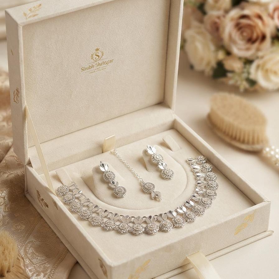 Shubh Shringar Floral Crystal Choker Necklace Set - Silver Plated Bridal Jewelry Set with Earrings & Pendant in Premium Gift Box